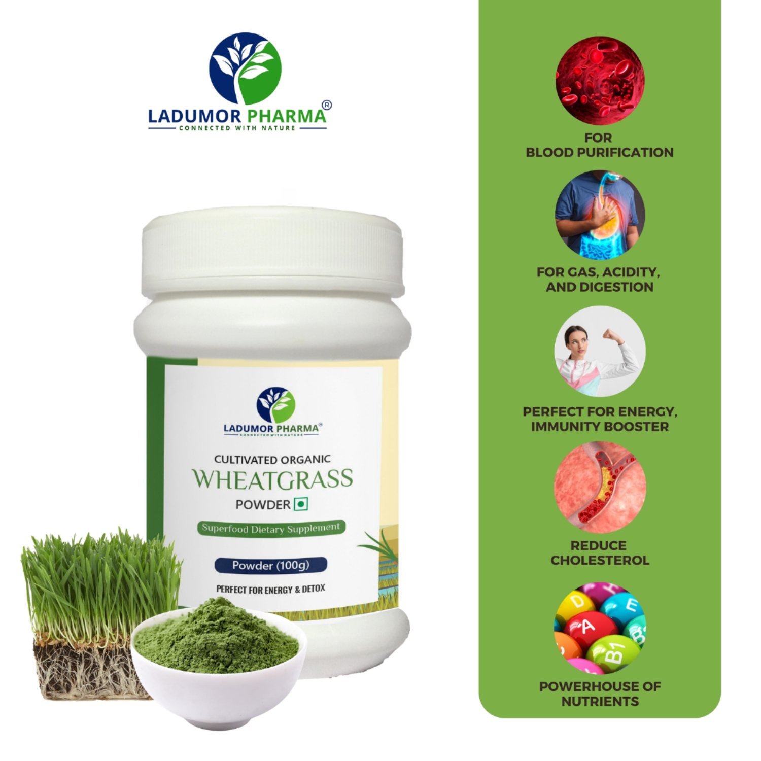 Ladumor Wheatgrass Cultivated Organics Superfood Dietary Supplement Perfect For Energy & Detox Powder 100gm