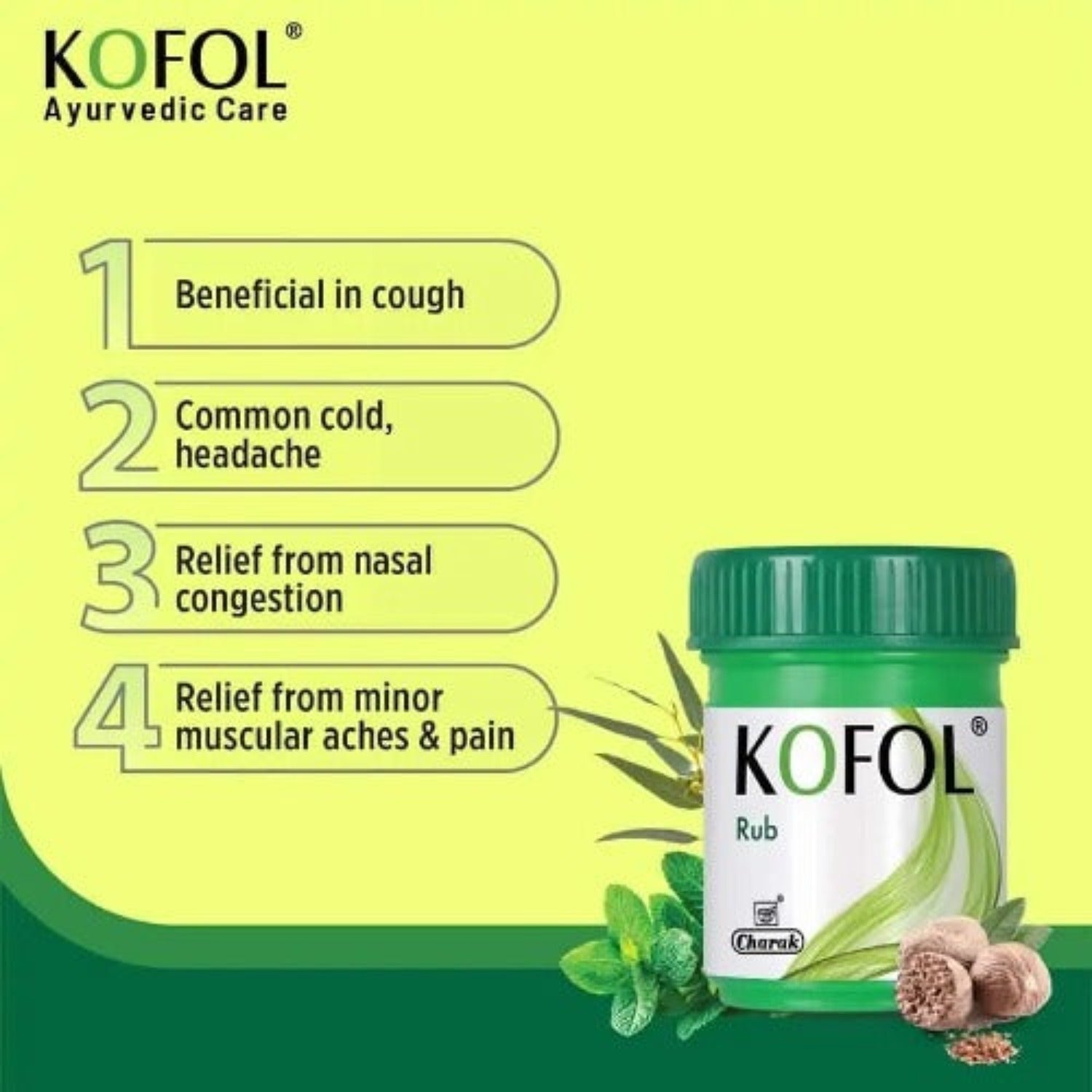 Charak Ayurvedic Kofol Rub For Cough & Common Cold Relife From Cold,Cough,Blocked Nose,Headache,Body Ache,Muscular Stiffness And Breathing Difficulty Balm 2 x 25 ml