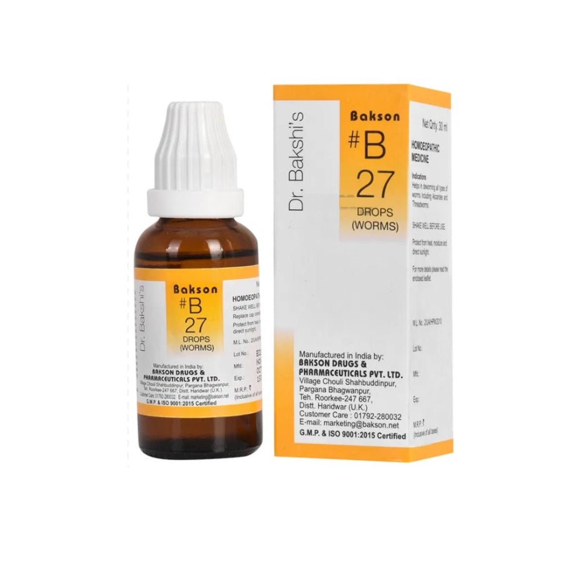 Bakson's Homoeopathy B27 (B-27) Worms For All Types Of Worm Infestations Drops 30ml