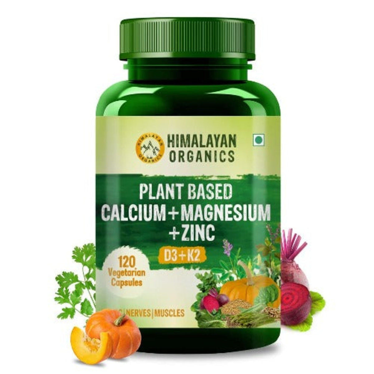 Himalayan Organics Plant Based Calcium Magnesium Zinc D3 + K2 Supplement 120 Vegetarian Capsules