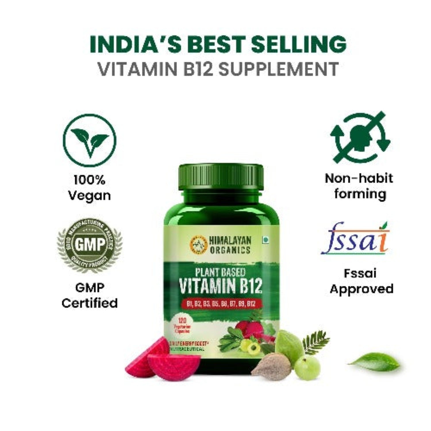 Himalayan Organics Plant Based Vitamin B12 Natural 60 Vegetarian Capsules