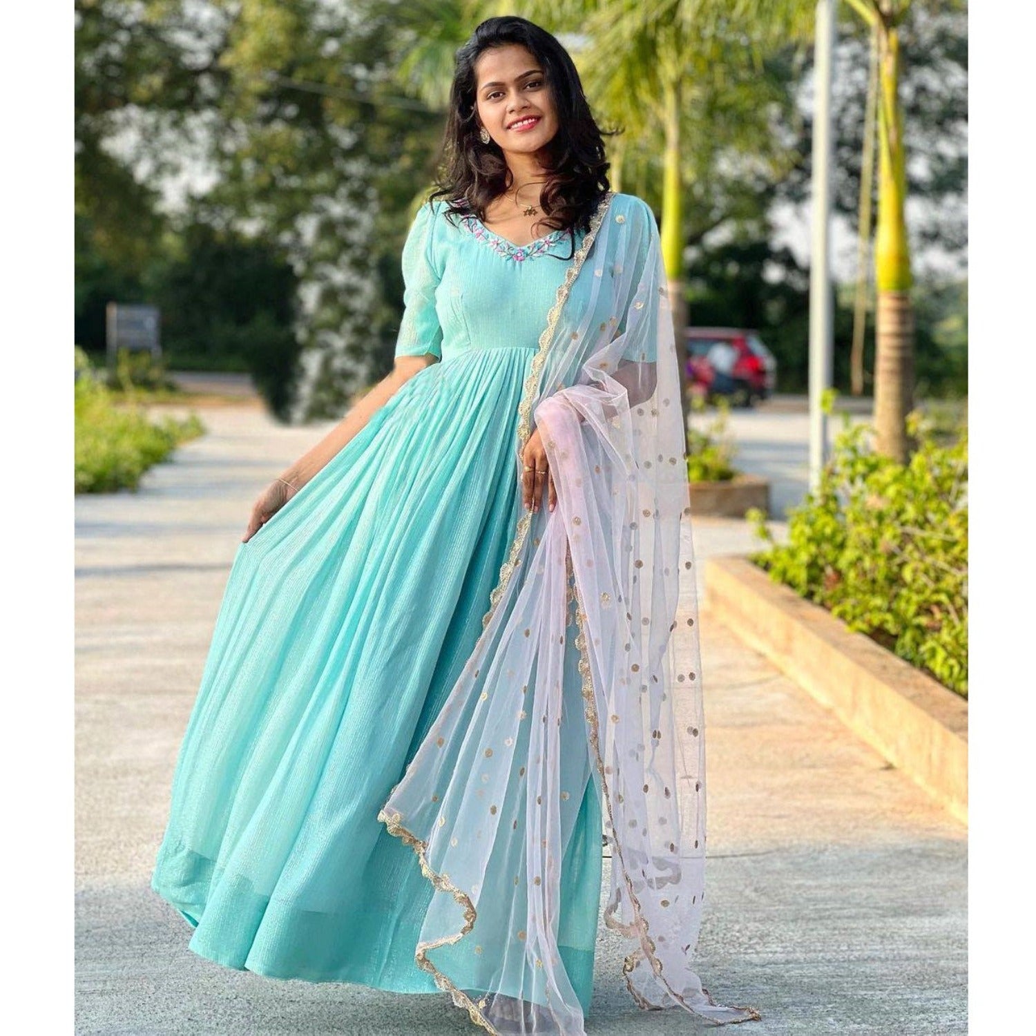 Bollywood Indian Pakistani Ethnic Party Wear Women Soft Pure Silk Maxi Dress With Net Dupatta