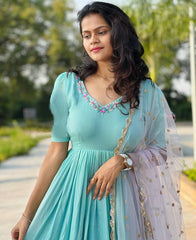 Bollywood Indian Pakistani Ethnic Party Wear Women Soft Pure Silk Maxi Dress With Net Dupatta
