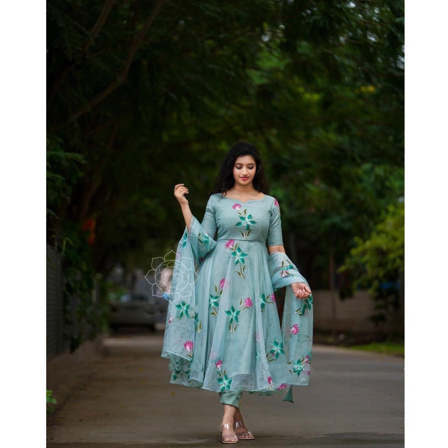Bollywood Indian Pakistani Ethnic Party Wear Women Soft Pure Floral Print Organza Kurti  Dupatta Set Dress