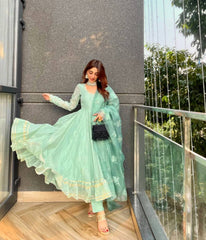 Bollywood Indian Pakistani Ethnic Party Wear Women Soft Pure Chanderi Cotton Anarkali Dress
