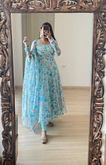 Bollywood Indian Pakistani Ethnic Party Wear Women Soft Pure Organza Floral Anarkali With Dupatta Dress