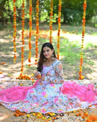 Bollywood Indian Pakistani Ethnic Party Wear Women Soft Pure Faux Georgette Pink Marigold Anarkali With Dupatta Dress