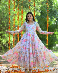 Bollywood Indian Pakistani Ethnic Party Wear Women Soft Pure Faux Georgette Pink Marigold Anarkali With Dupatta Dress