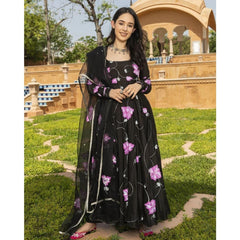 Bollywood Indian Pakistani Ethnic Party Wear Soft Pure Tubby Organza Lotus Black Brush Paint Suit Maxi Dress