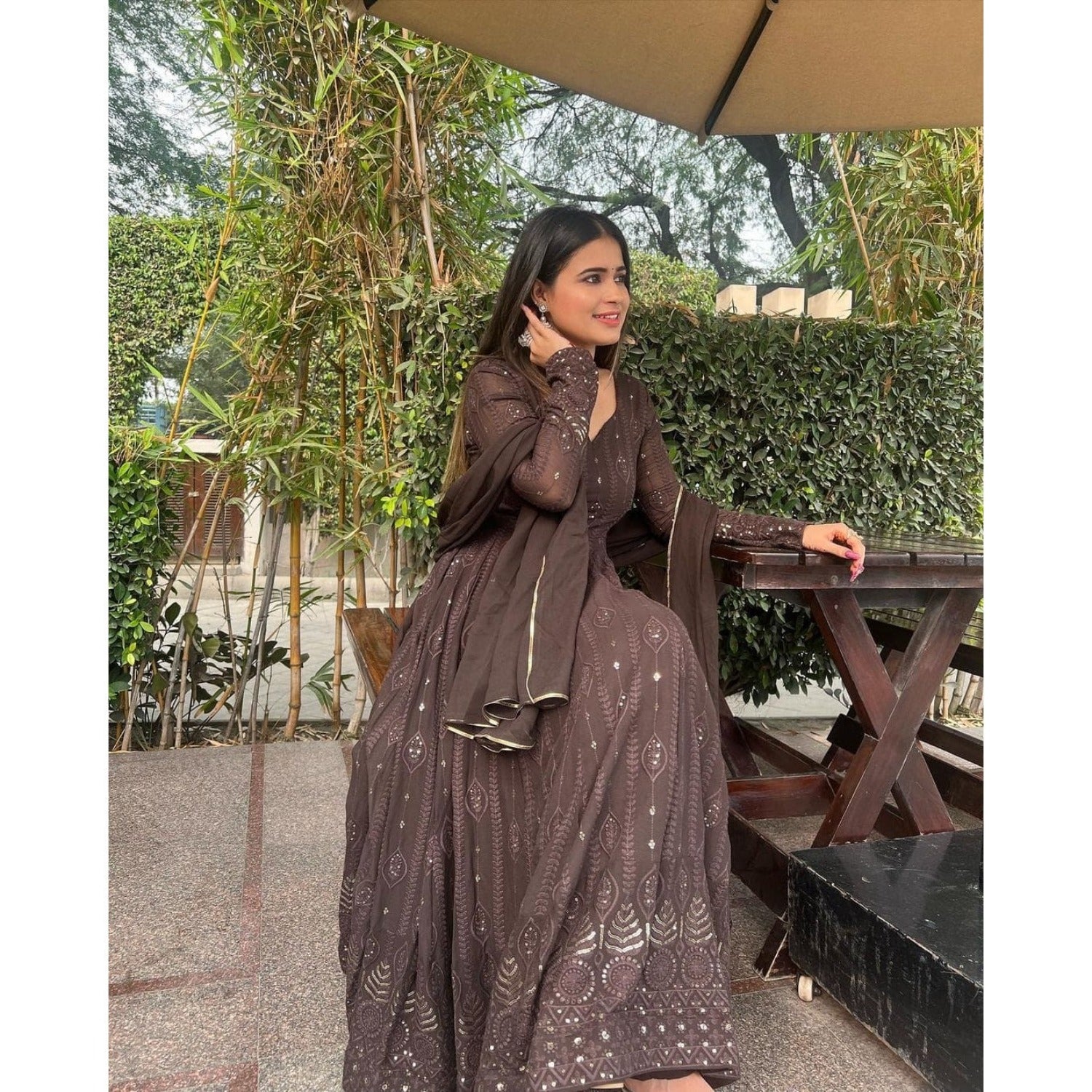 Bollywood Indian Pakistani Women Ethnic Party Wear Soft Pure Georgette Brown Chikankari Anarkali Dupatta Dress