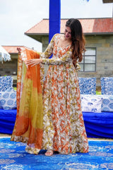 Bollywood Indian Pakistani Ethnic Party Wear Soft Pure Muslin Orange Yellow Outfit Dress