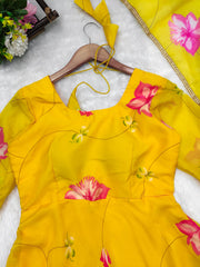 Bollywood Indian Pakistani Ethnic Party Wear Soft Pure Organza Yellow Maxi Dress