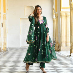 Bollywood Indian Pakistani Ethnic Party Wear Soft Pure Tubby Organza Dark Green Suit Dress