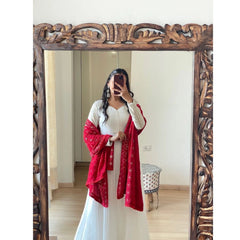 Bollywood Indian Pakistani Ethnic Party Wear Soft Pure Georgette Anarkali Dress Red & White With All Over Embroidery Dupatta