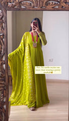 Bollywood Indian Pakistani Ethnic Party Wear Soft Pure Georgette Anarkali Green Dress With All Over Embroidery Dupatta