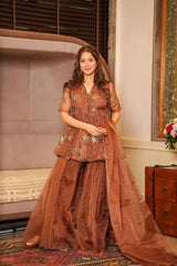 Bollywood Indian Pakistani Ethnic Party Wear Soft Pure Coco Brown Organza  Peplum Palazzo Set Dress