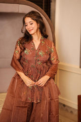 Bollywood Indian Pakistani Ethnic Party Wear Soft Pure Coco Brown Organza  Peplum Palazzo Set Dress