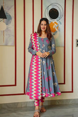 Bollywood Indian Pakistani Ethnic Party Wear Soft Pure Muslin Cotton Grey Pink Muslin Suit Dress