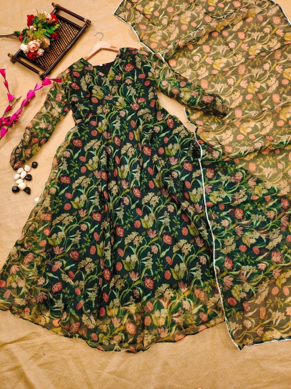 Bollywood Indian Pakistani Ethnic Party Wear Soft Pure Green Floral Organza Maxi Suit Dress