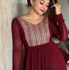 Bollywood Indian Pakistani Women Ethnic Party Wear Soft Pure Georgette Maroon Patch Work Dress