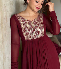 Bollywood Indian Pakistani Women Ethnic Party Wear Soft Pure Georgette Maroon Patch Work Dress