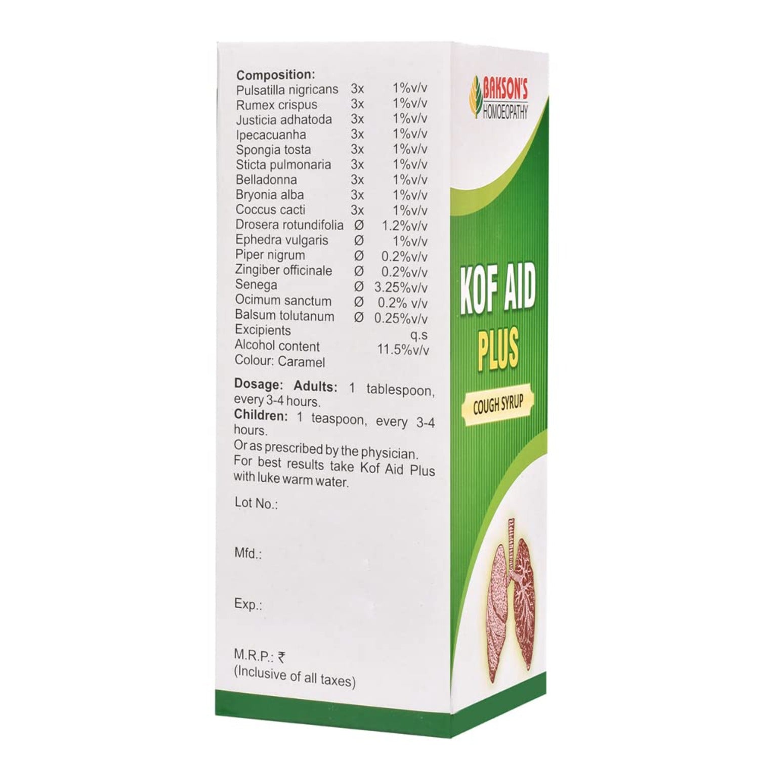 Bakson's Homoeopathy Kof Aid Plus Cough Effective cough reliever Syrup