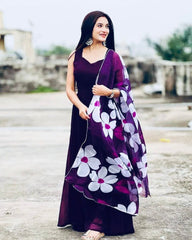 Bollywood Indian Pakistani Ethnic Party Wear Women Soft Pure Georgette Purple Solid Kurta Set With Floral Dupatta Dress