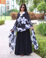 Bollywood Indian Pakistani Ethnic Party Wear Women Soft Pure Georgette Black Solid Kurta Set With Floral Dupatta Dress