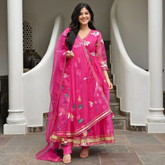 Bollywood Indian Pakistani Ethnic Party Wear Women Soft Pure Tubby Organza Hot Pink Anarkali With Dupatta Dress