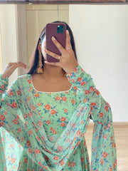 Bollywood Indian Pakistani Ethnic Party Wear Women Soft Pure Faux Georgette Mint Floral Suit Dress