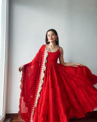 Bollywood Indian Pakistani Ethnic Party Wear Soft Pure Red Silk Anarkali Dress