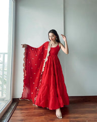 Bollywood Indian Pakistani Ethnic Party Wear Soft Pure Red Silk Anarkali Dress