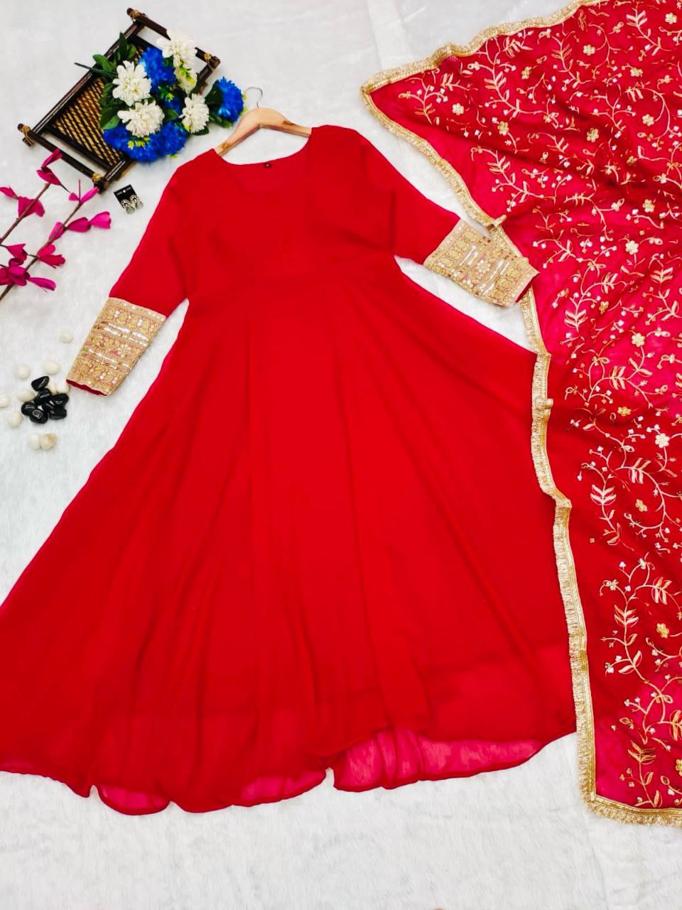Bollywood Indian Pakistani Ethnic Party Wear Soft Pure Blooming Georgette Anarkali Regal Red Suit Dress
