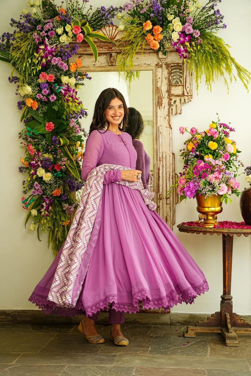 Bollywood Indian Pakistani Ethnic Party Wear Soft Pure Fox Georgette Outfit Light Plum Embroidery Anarkali Suit Dress