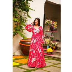 Bollywood Indian Pakistani Ethnic Party Wear Soft Pure Red Chinnon Maxi Dress