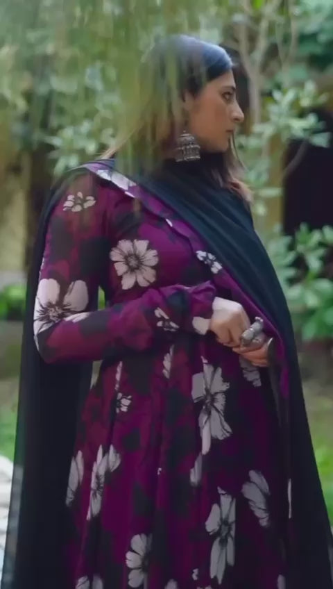 Bollywood Indian Pakistani Ethnic Party Wear Women Soft Pure Georgette Wine Floral Suit Anarkali Dress