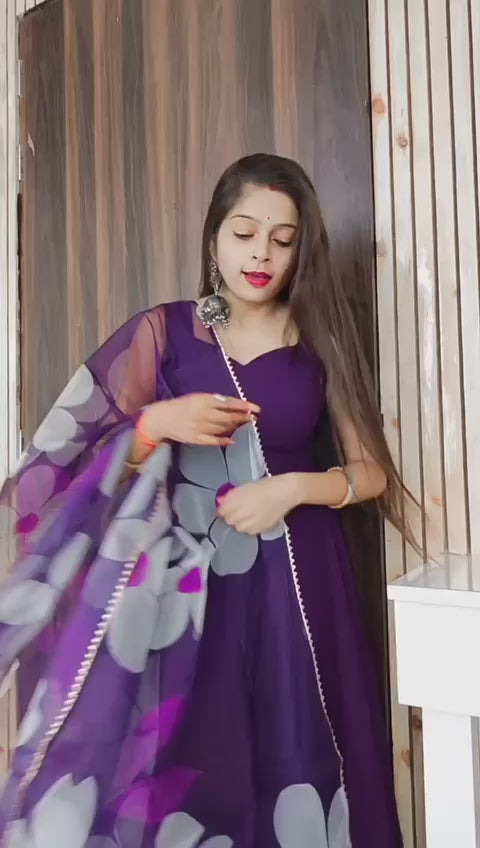 Bollywood Indian Pakistani Ethnic Party Wear Women Soft Pure Georgette Purple Solid Kurta Set With Floral Dupatta Dress