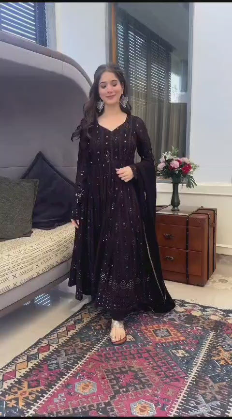 Bollywood Indian Pakistani Women Ethnic Party Wear Soft Pure Georgette Brown Chikankari Anarkali Dupatta Dress